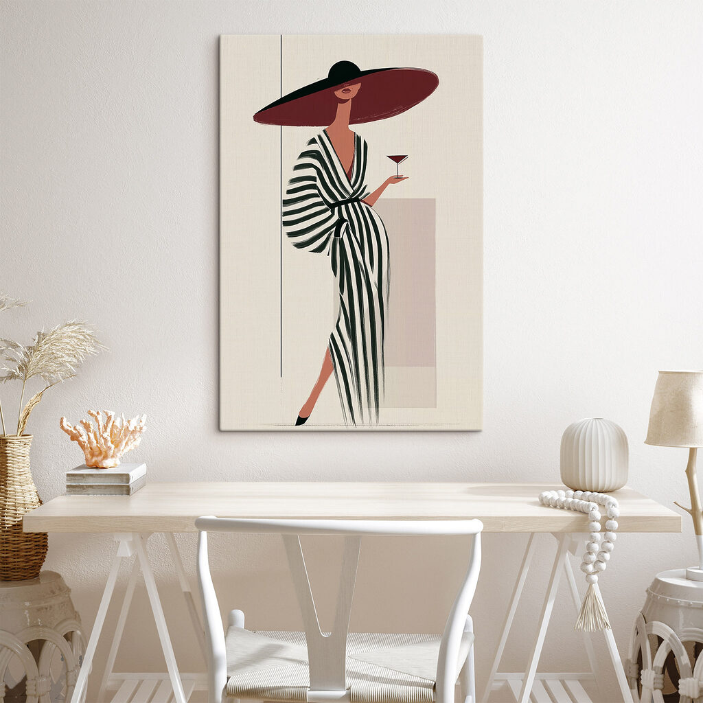 Woman in a striped dress holding a glass of wine
