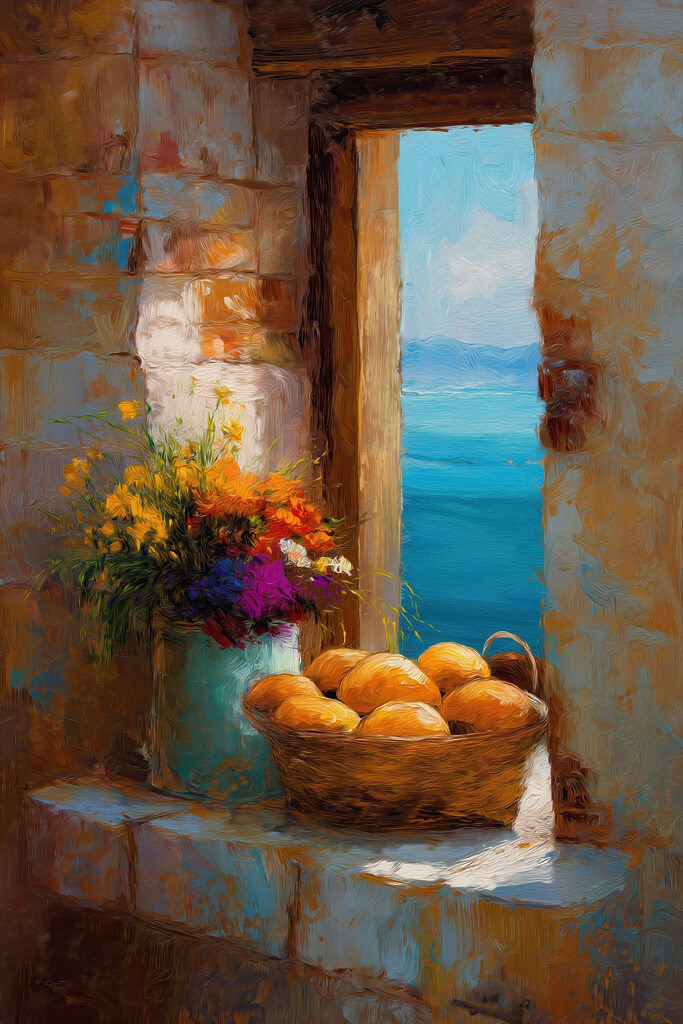 Basket of flowers and a vase of bread Basket of flowers and a vase of bread