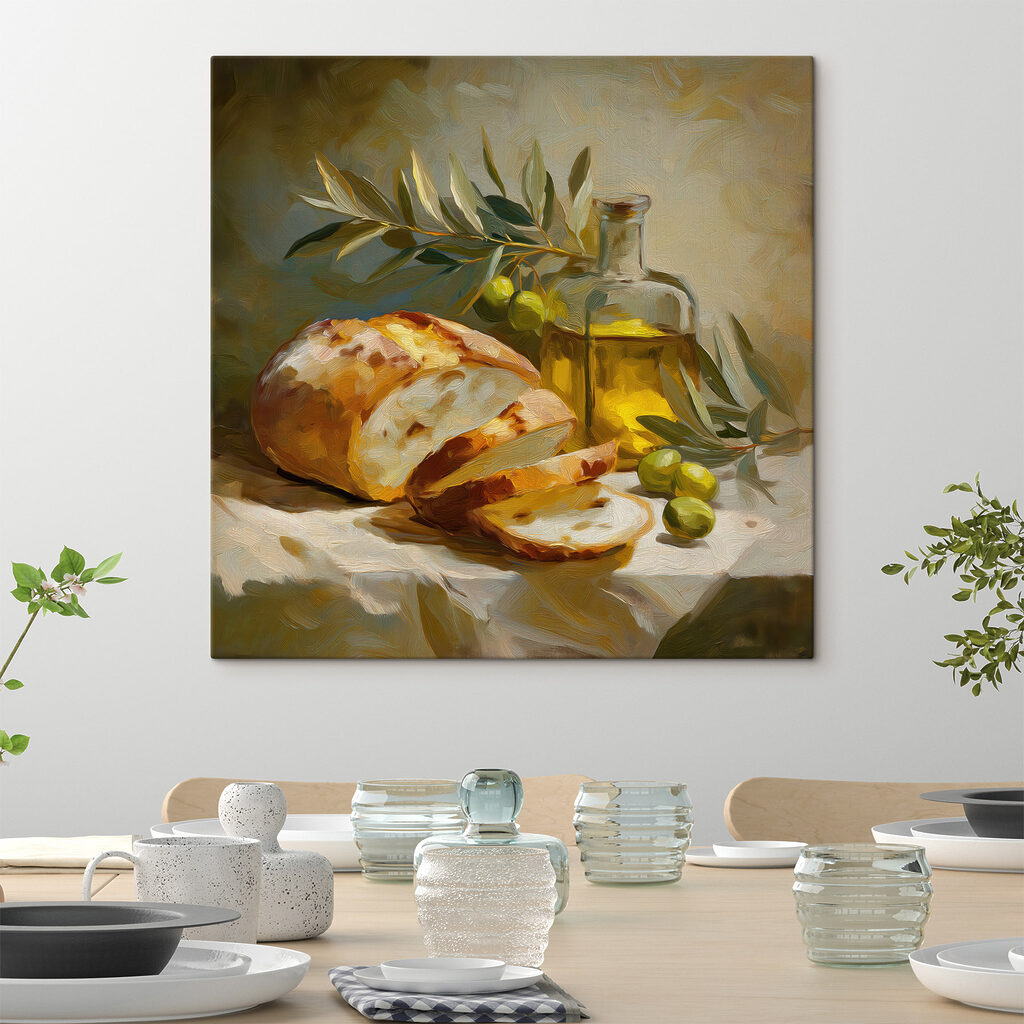 Painting of a still life with a loaf of bread and olives Painting of a still life with a loaf of bread and olives
