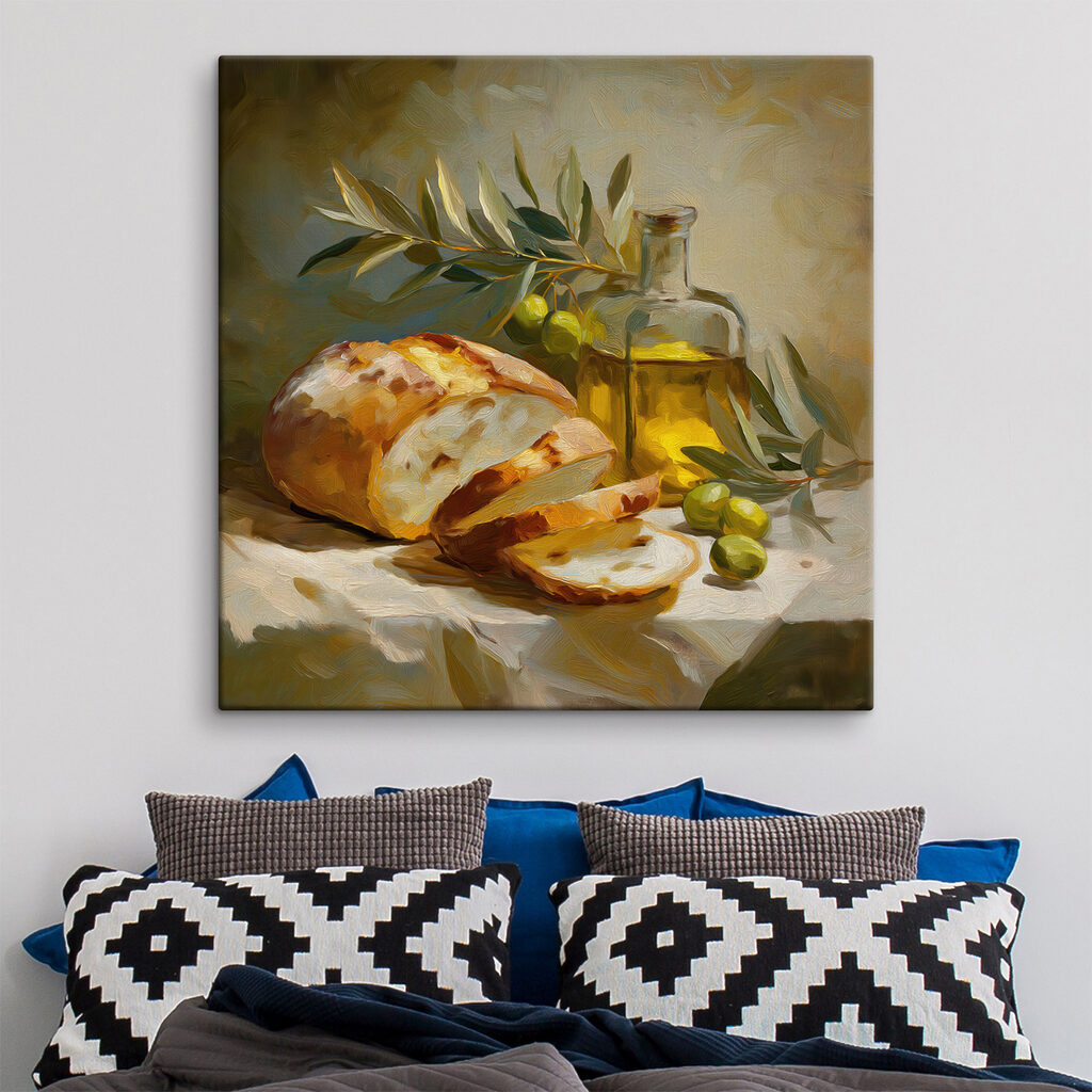 Painting of a still life with a loaf of bread and olives Painting of a still life with a loaf of bread and olives