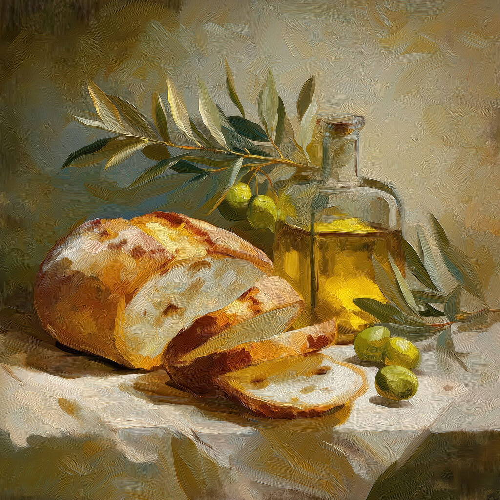 Painting of a still life with a loaf of bread and olives Painting of a still life with a loaf of bread and olives