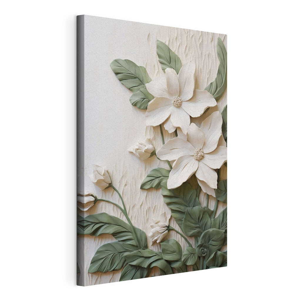 White flowers and leaves on a white surface