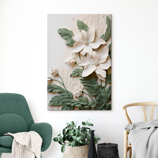 White flowers and leaves on a white surface