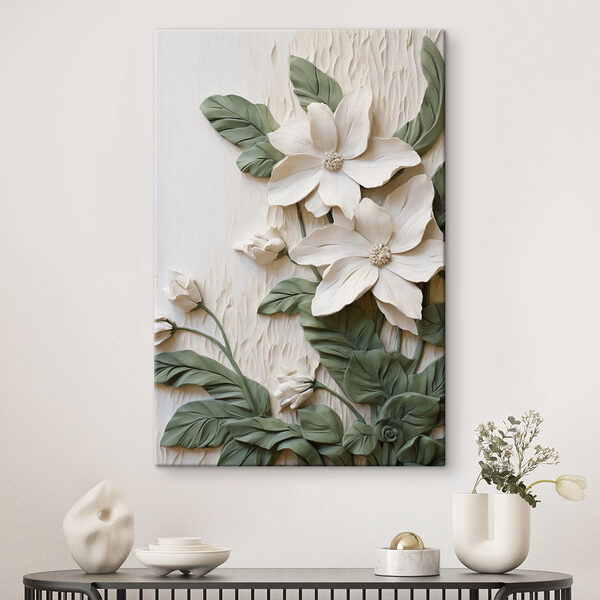 White flowers and leaves on a white surface