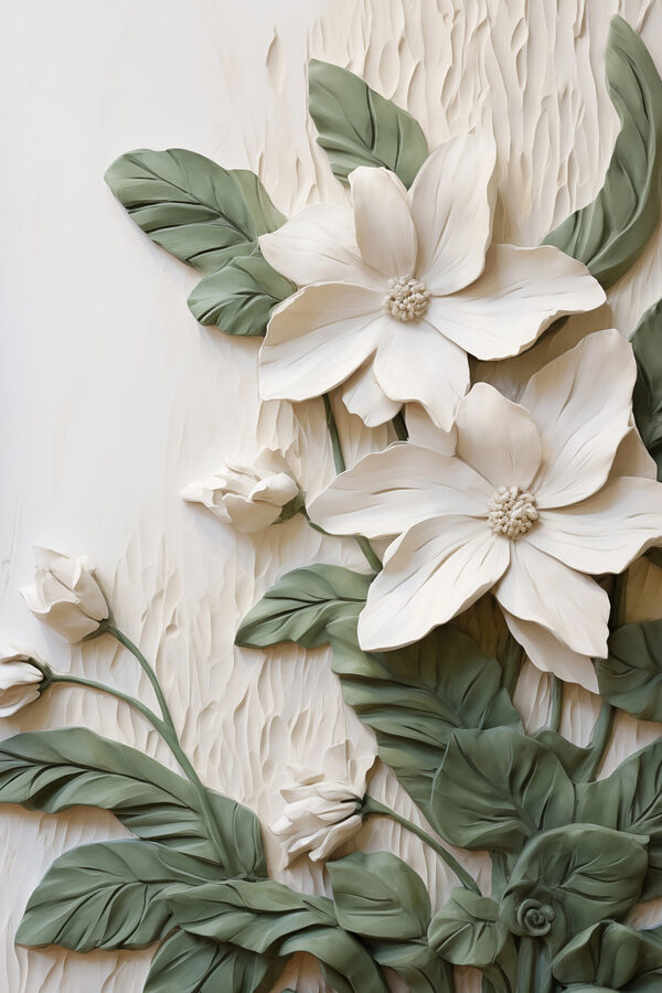 White flowers and leaves on a white surface