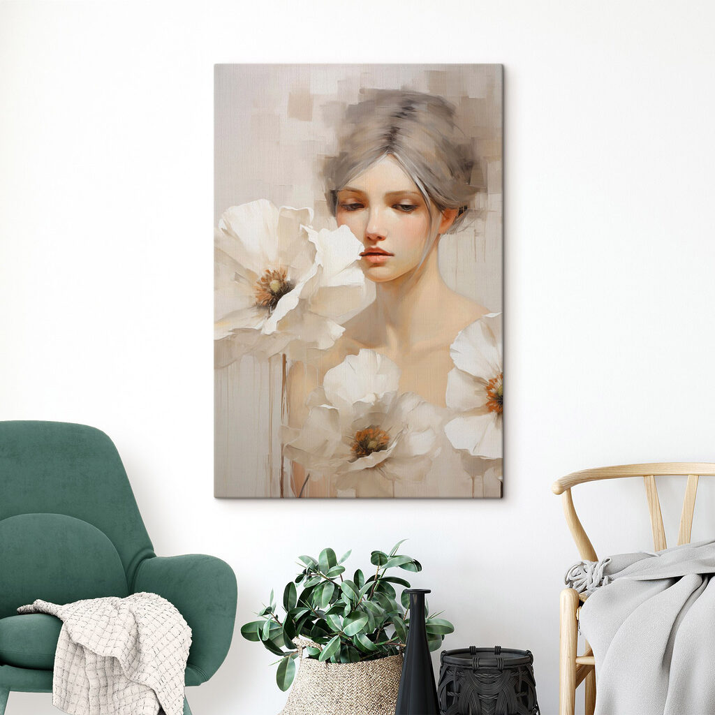 Painting of a woman with white flowers Painting of a woman with white flowers