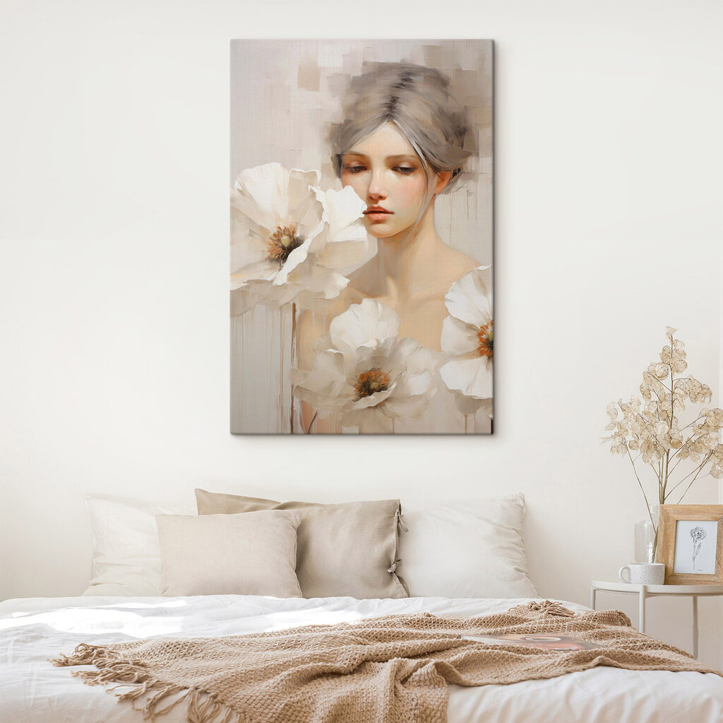 Painting of a woman with white flowers Painting of a woman with white flowers