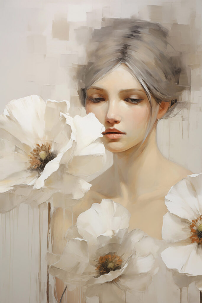 Painting of a woman with white flowers Painting of a woman with white flowers