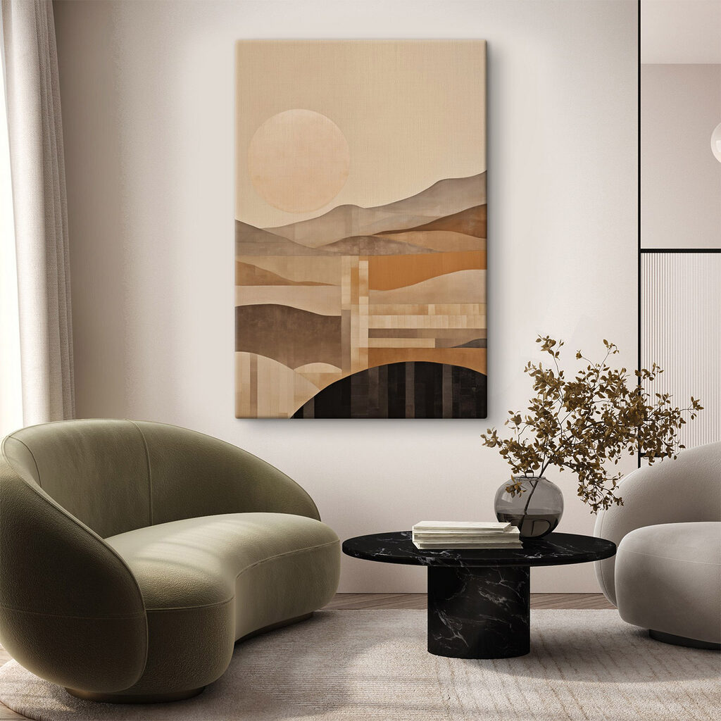 Painting of a landscape with a sun and mountains Painting of a landscape with a sun and mountains