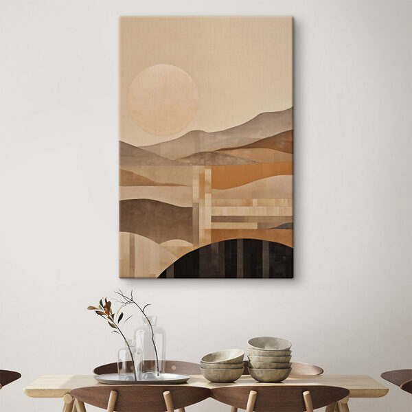 Painting of a landscape with a sun and mountains Painting of a landscape with a sun and mountains