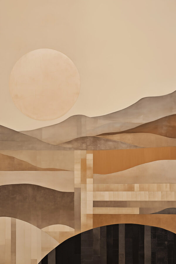 Painting of a landscape with a sun and mountains Painting of a landscape with a sun and mountains