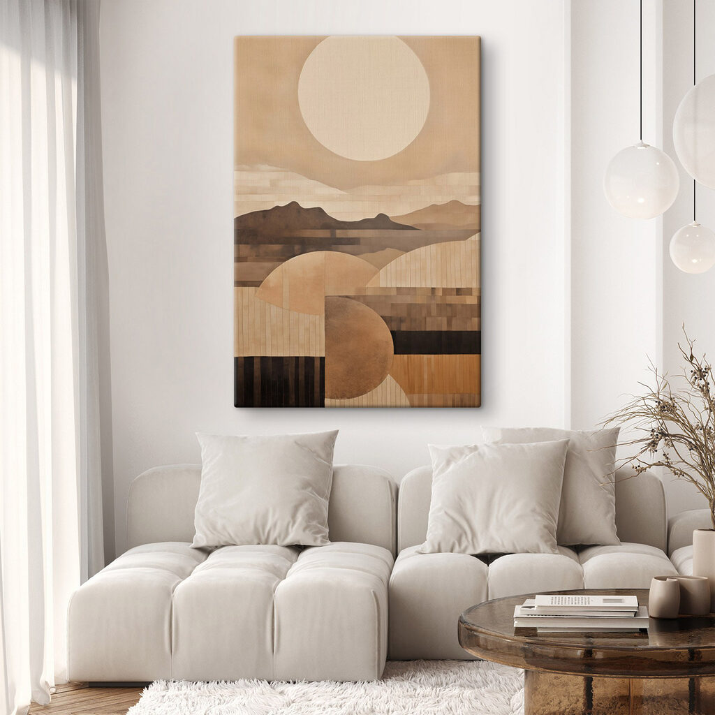 Painting of mountains and sun