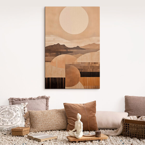 Painting of mountains and sun