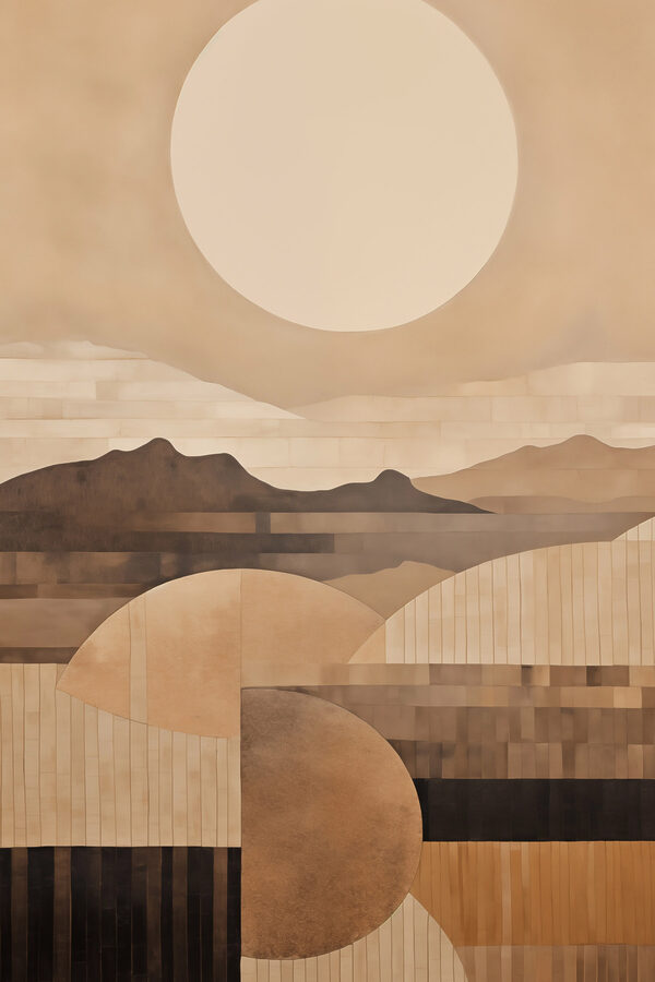 Painting of mountains and sun
