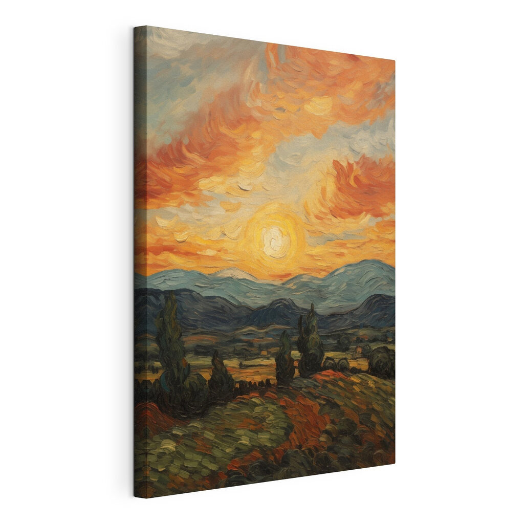 Painting of a landscape with trees and mountains Painting of a landscape with trees and mountains