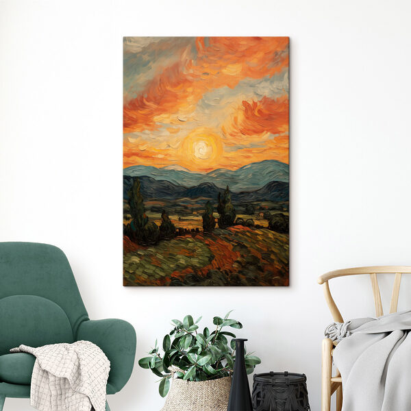 Painting of a landscape with trees and mountains Painting of a landscape with trees and mountains