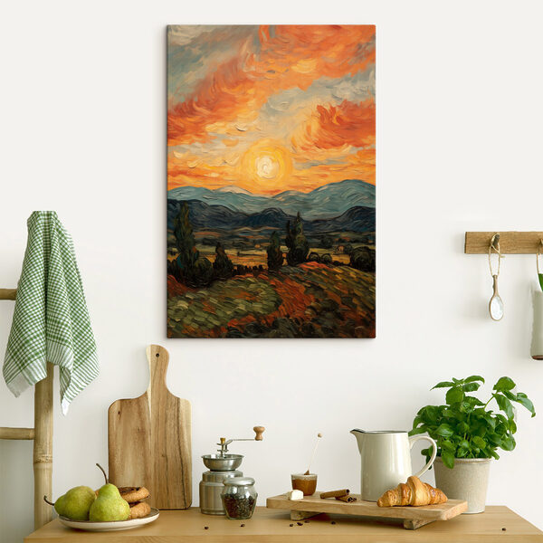 Painting of a landscape with trees and mountains Painting of a landscape with trees and mountains