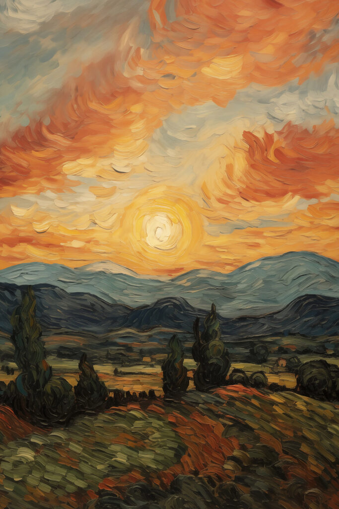 Painting of a landscape with trees and mountains Painting of a landscape with trees and mountains