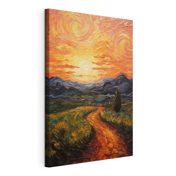 Wandbilder Gemälde einer Straße, die durch ein Feld führt, mit Bergen und Sonne (Artikelnummer: s49478) Wandbilder Wandbilder Gemälde einer Straße, die durch ein Feld führt, mit Bergen und Sonne (Artikelnummer: s49478)