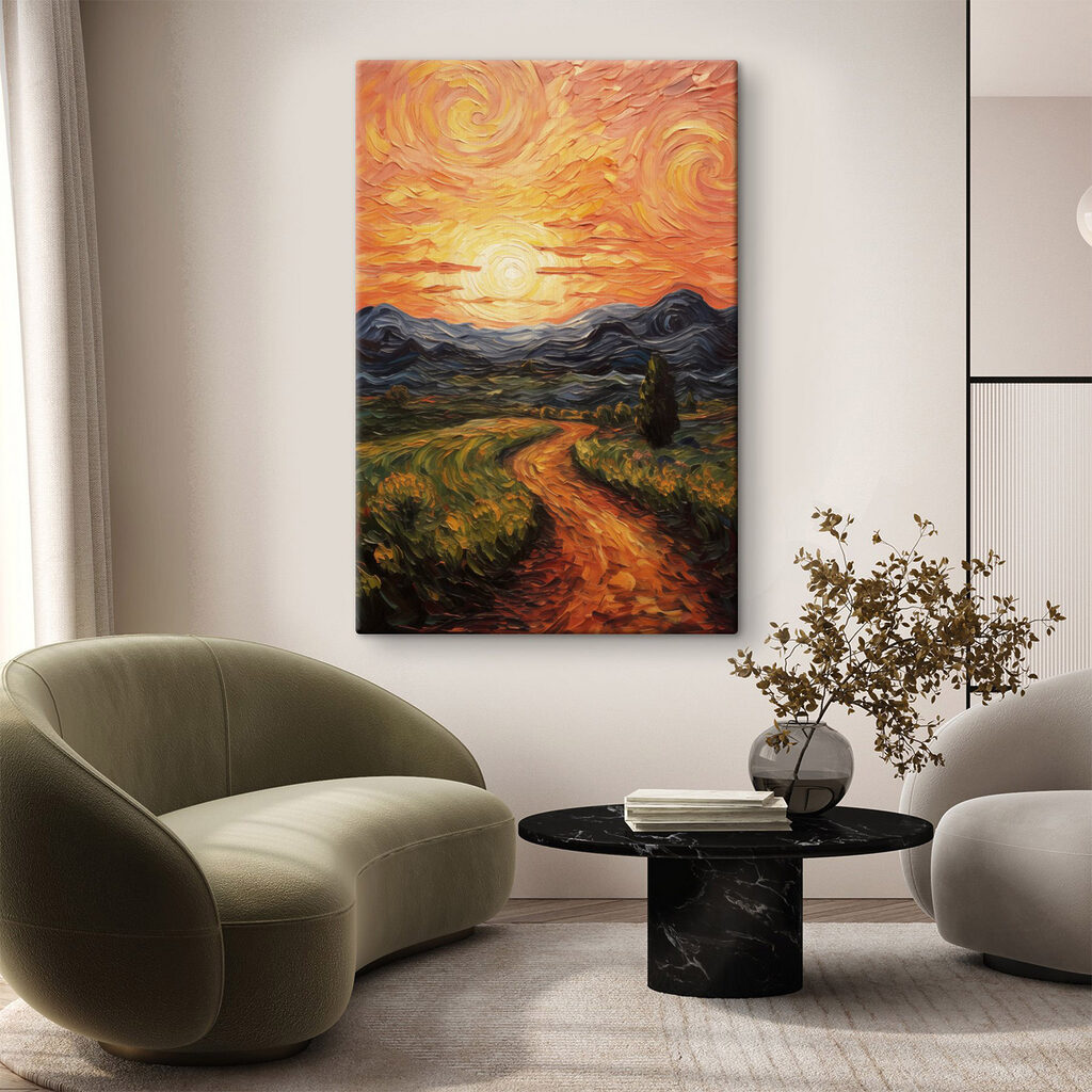 Painting of a road through a field with mountains and sun Painting of a road through a field with mountains and sun