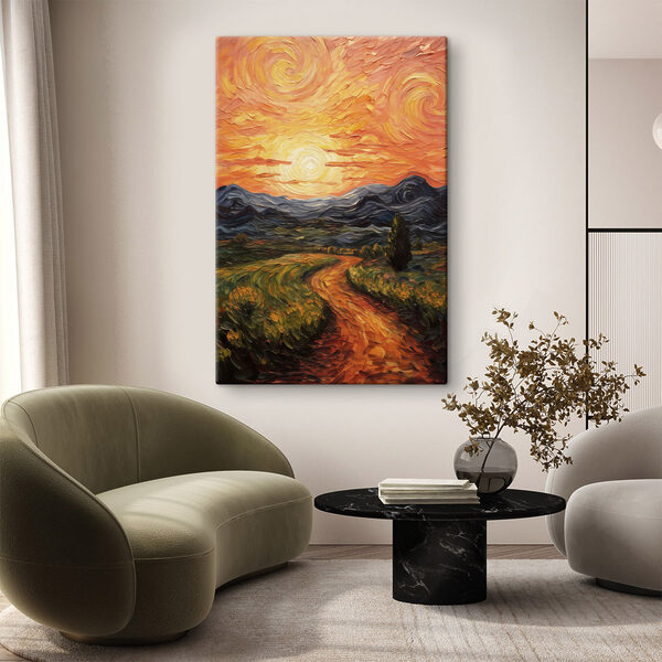 Painting of a road through a field with mountains and sun Painting of a road through a field with mountains and sun