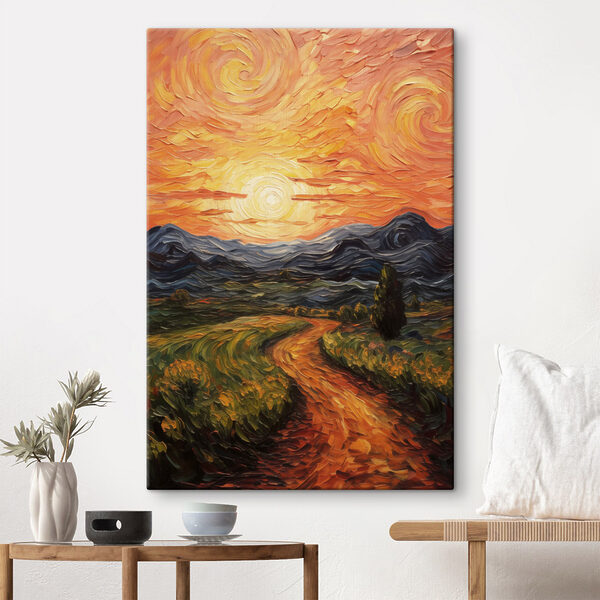 Painting of a road through a field with mountains and sun Painting of a road through a field with mountains and sun
