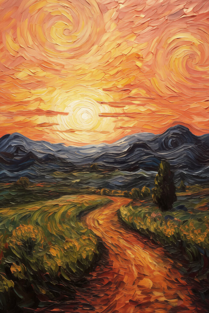 Painting of a road through a field with mountains and sun Painting of a road through a field with mountains and sun