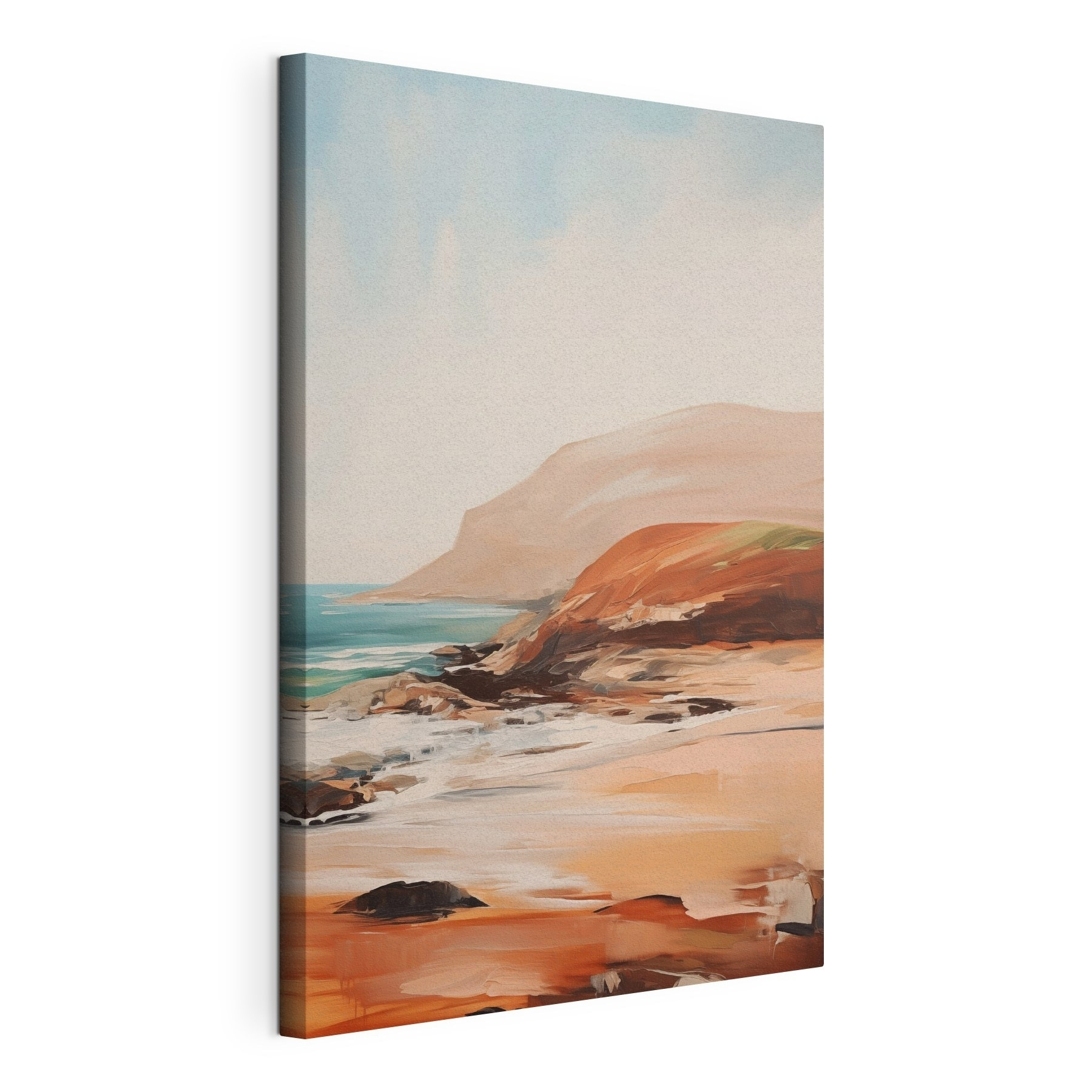 Painting of a beach with a rocky shore