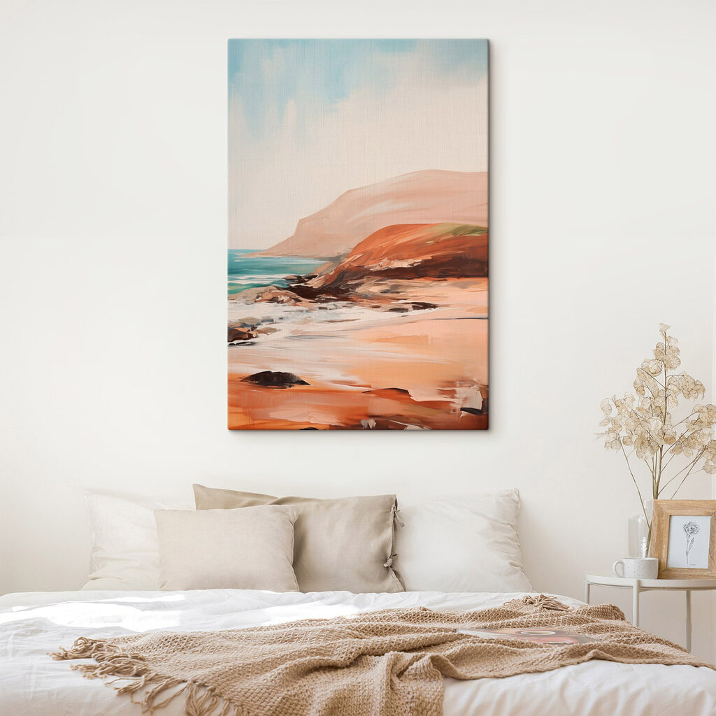 Painting of a beach with a rocky shore