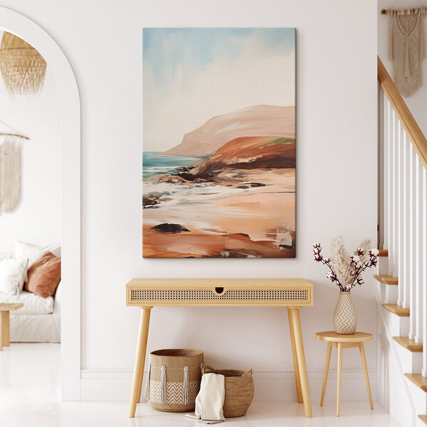 Painting of a beach with a rocky shore