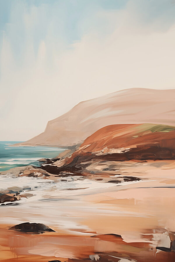 Painting of a beach with a rocky shore