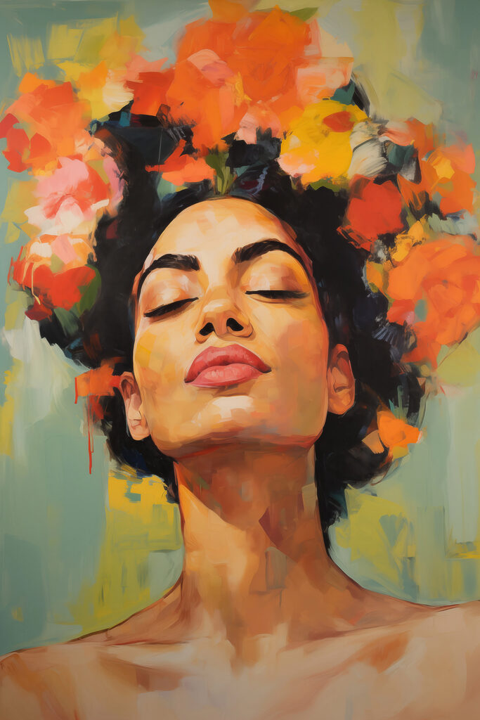 Painting of a woman with flowers in her hair Painting of a woman with flowers in her hair