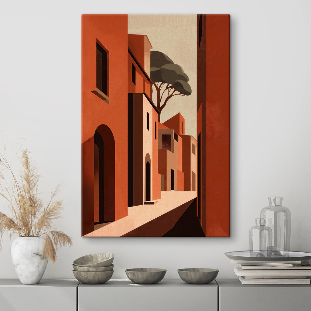 Painting of a street with buildings and trees Painting of a street with buildings and trees