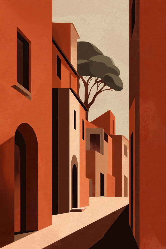 Painting of a street with buildings and trees Painting of a street with buildings and trees
