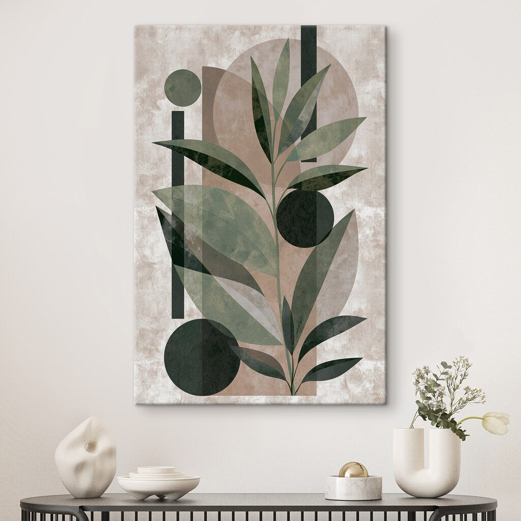 Painting of a plant with leaves and geometric shapes Painting of a plant with leaves and geometric shapes
