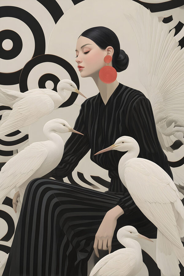 Woman sitting with white birds Woman sitting with white birds
