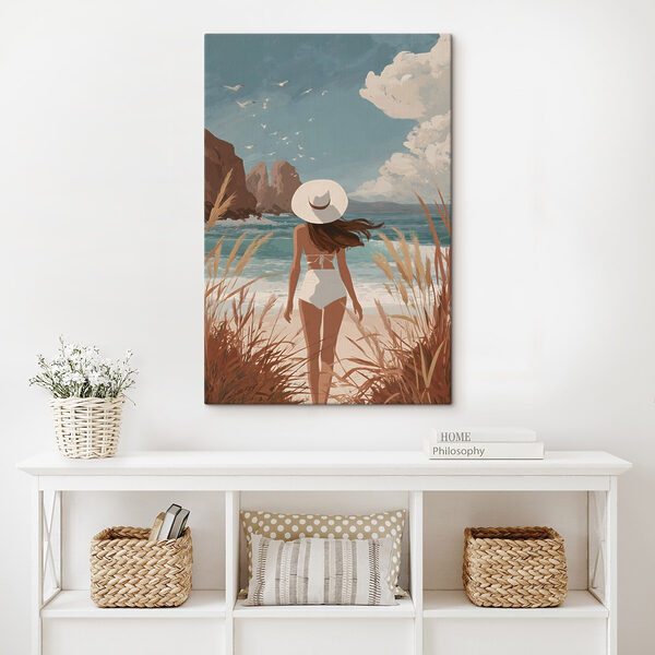 Woman in a swimsuit and hat walking on a beach