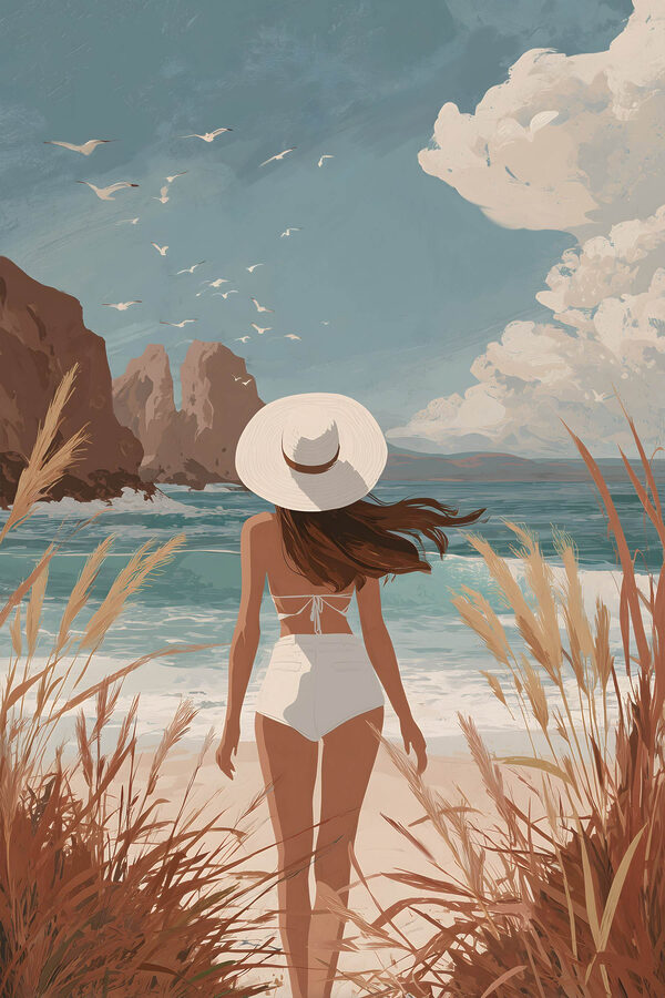 Woman in a swimsuit and hat walking on a beach