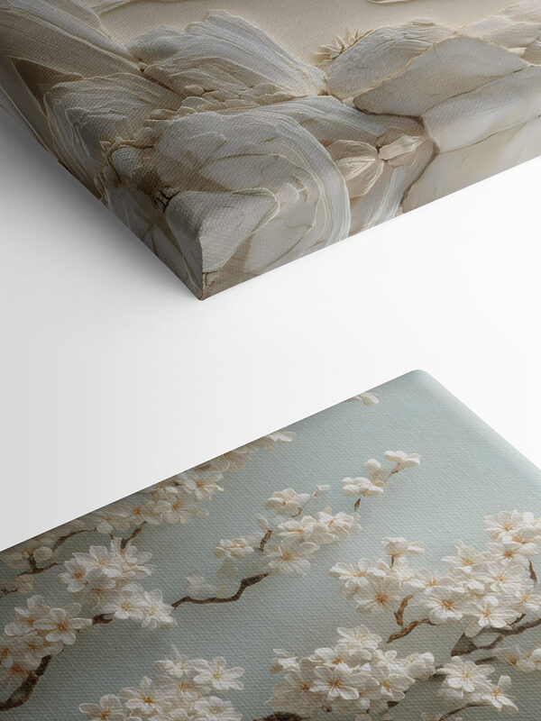 Painting of a beach with white flowers and a tree Painting of a beach with white flowers and a tree
