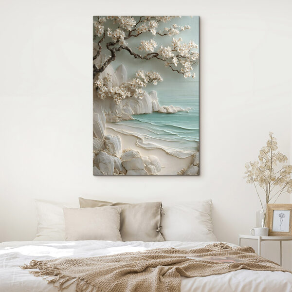 Painting of a beach with white flowers and a tree Painting of a beach with white flowers and a tree