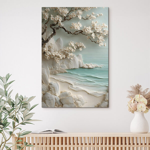 Painting of a beach with white flowers and a tree Painting of a beach with white flowers and a tree