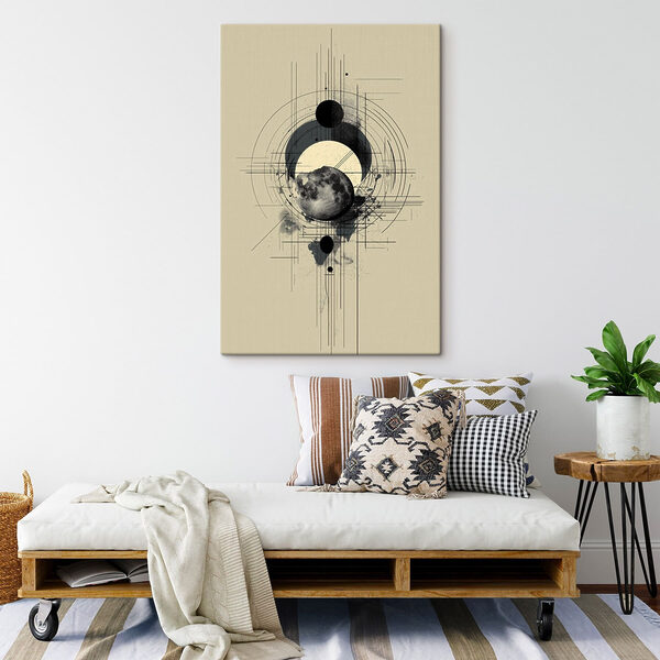 Black and white drawing of a moon and circles