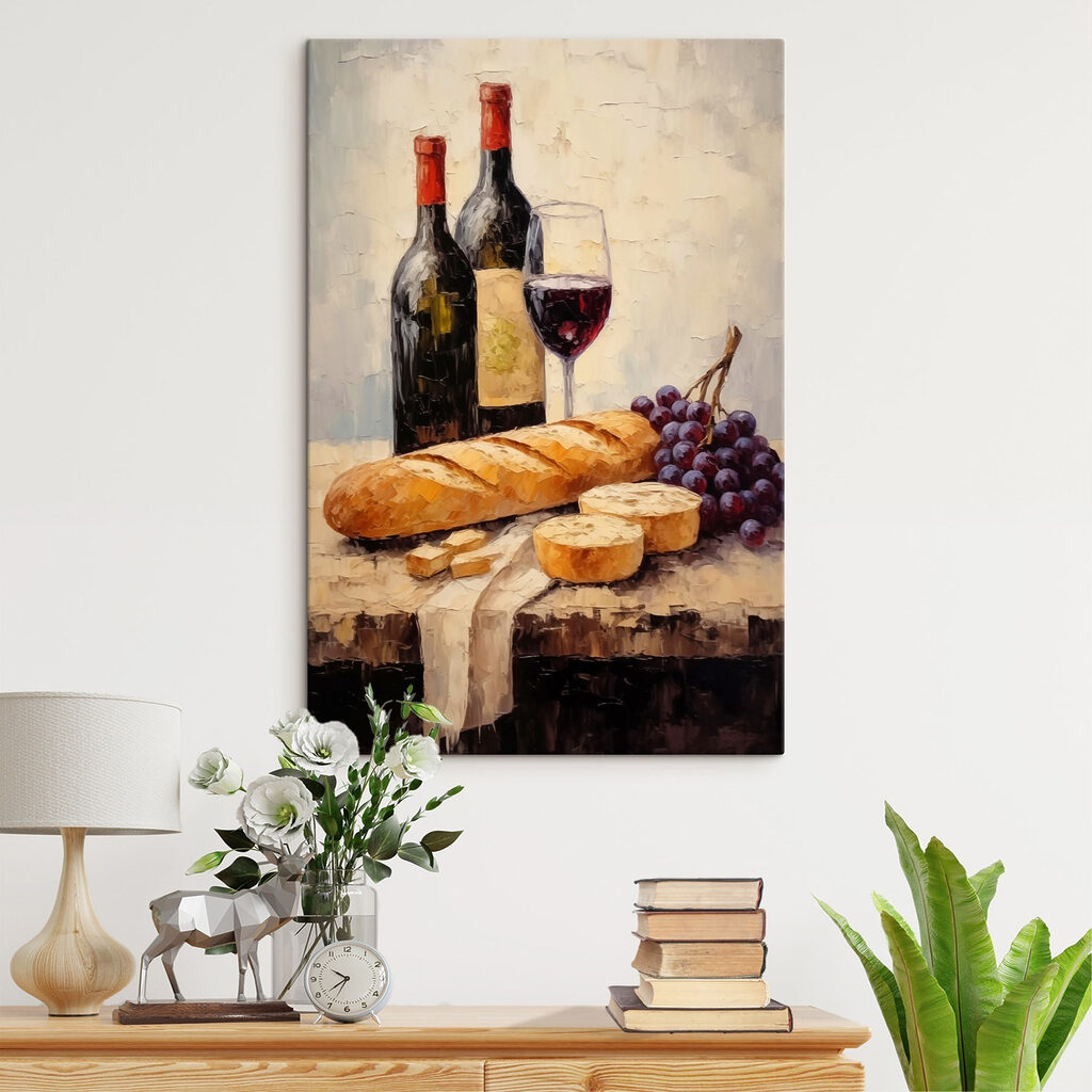 Painting of wine bottles and grapes