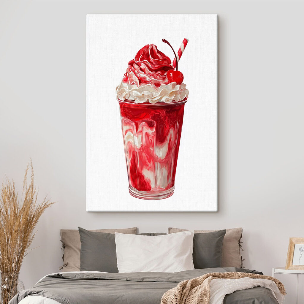 Red and white milkshake with a straw