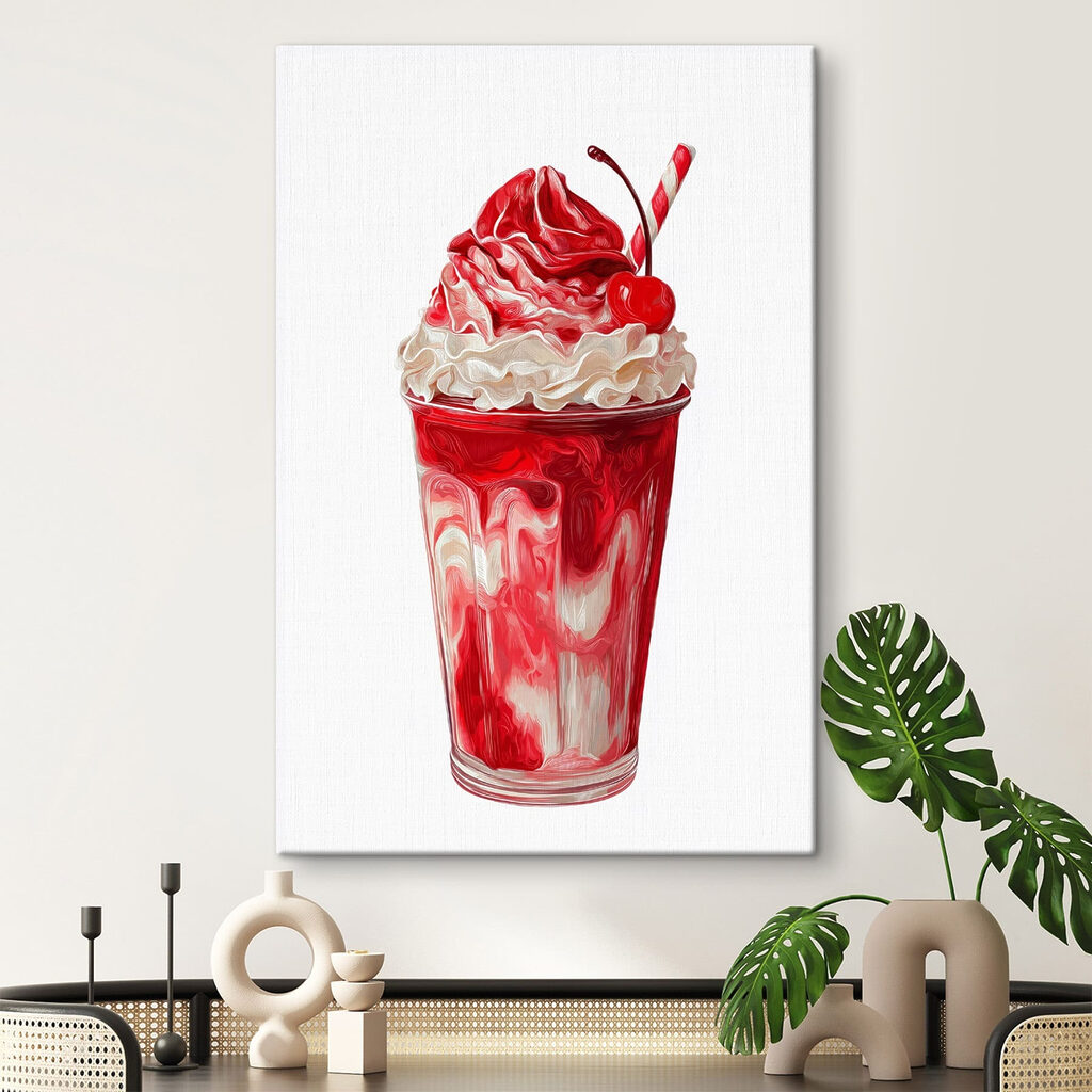 Red and white milkshake with a straw