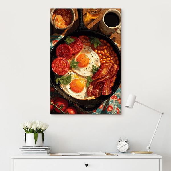 Pan of food with eggs bacon beans and tomatoes Pan of food with eggs bacon beans and tomatoes