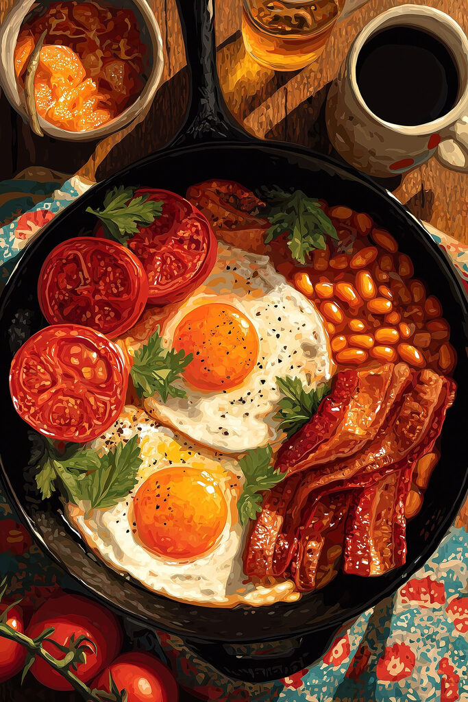 Pan of food with eggs bacon beans and tomatoes Pan of food with eggs bacon beans and tomatoes