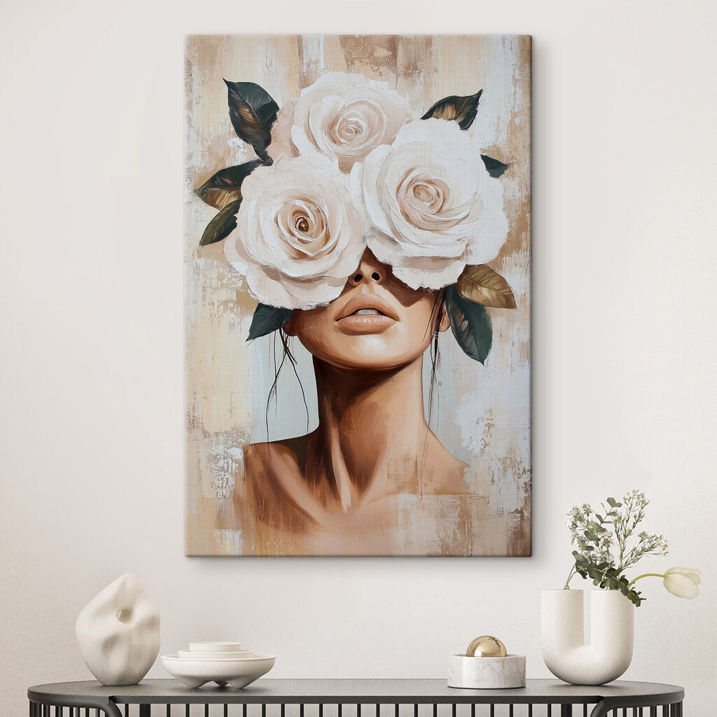 Painting of a woman with flowers on her face Painting of a woman with flowers on her face