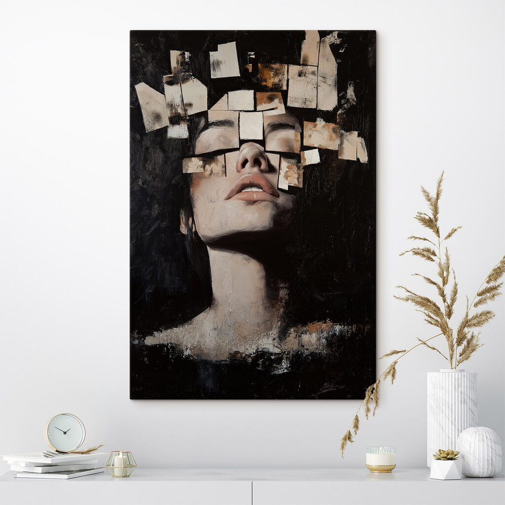 Woman with many square pieces of paper over her face