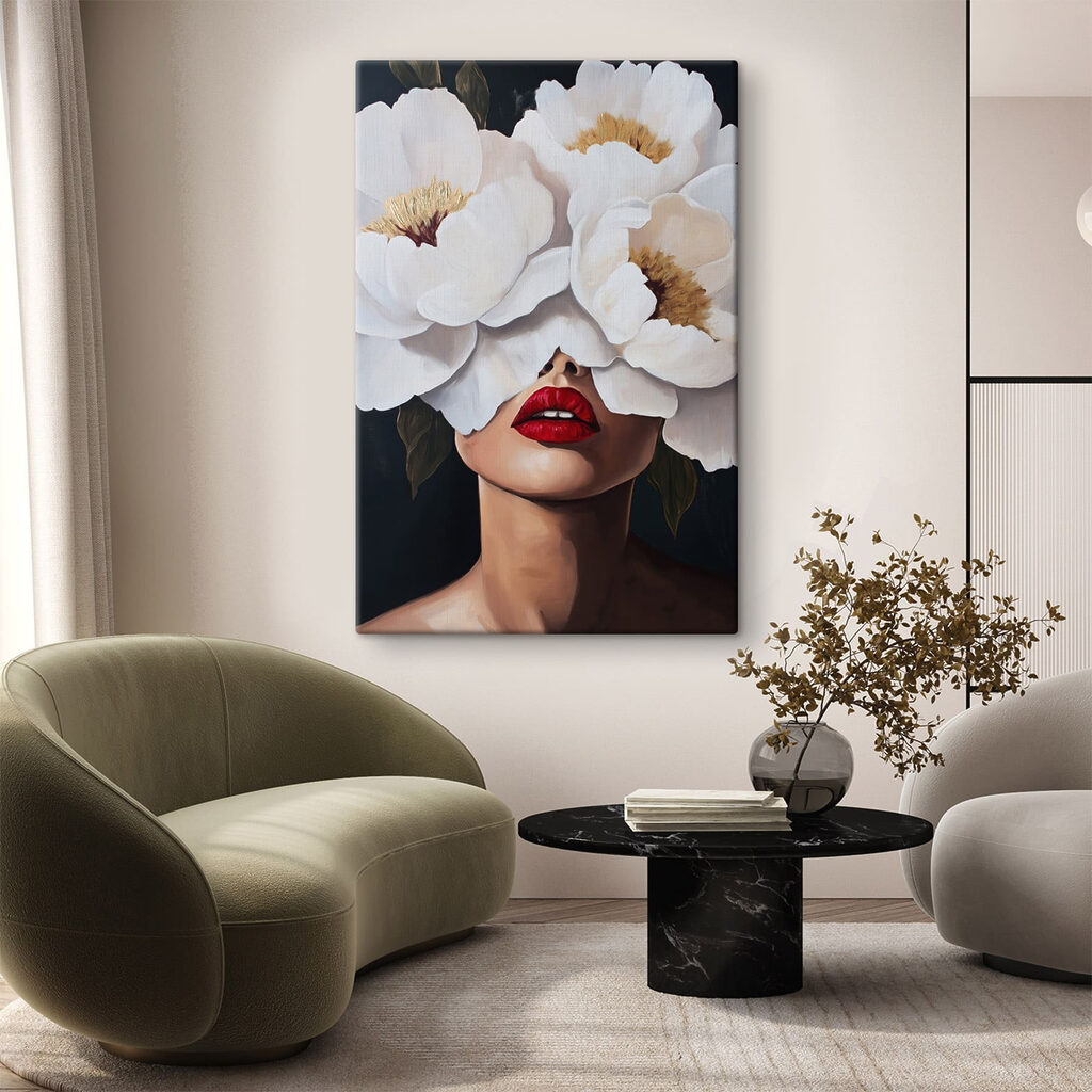 Painting of a woman with flowers over her face